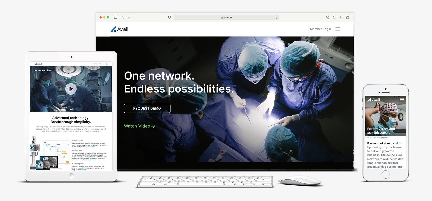 A clean, modern promotional image showcasing the Avail platform on multiple devices: a tablet, desktop, and smartphone. The central desktop screen displays a surgical scene with the text “One network. Endless possibilities.” and a “Request Demo” button. The tablet to the left shows an Avail overview video and supporting product information. The smartphone on the right displays a healthcare professional in scrubs with text directed toward providers and administrators. The overall theme emphasizes advanced audiovisual technology for remote medical collaboration.
