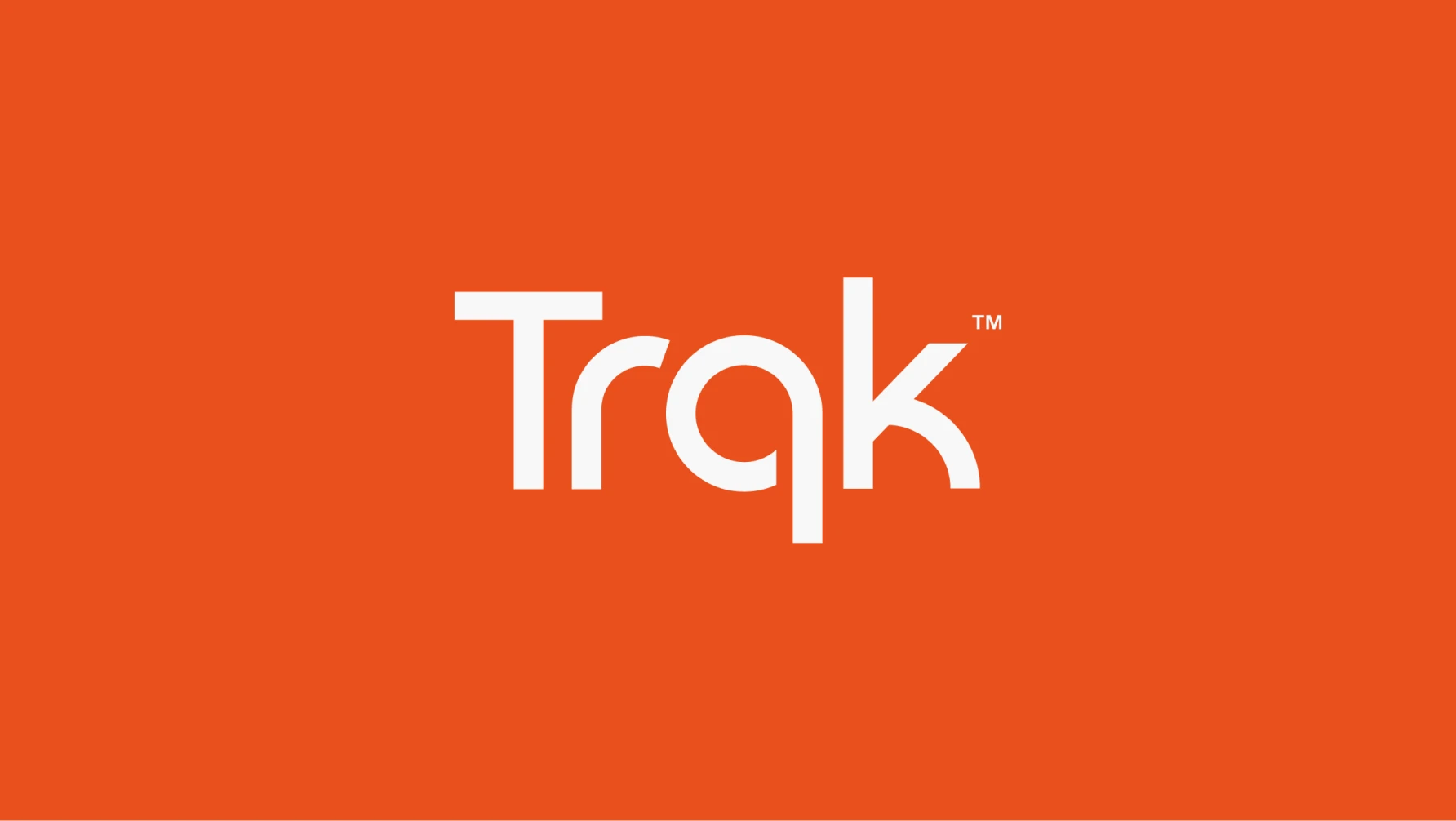 The word "Trak" in a modern, white sans-serif font on an orange background, with the letter "q" stylized to connect seamlessly with the vertical stroke of the "k"; a trademark symbol (™) appears above the "k".