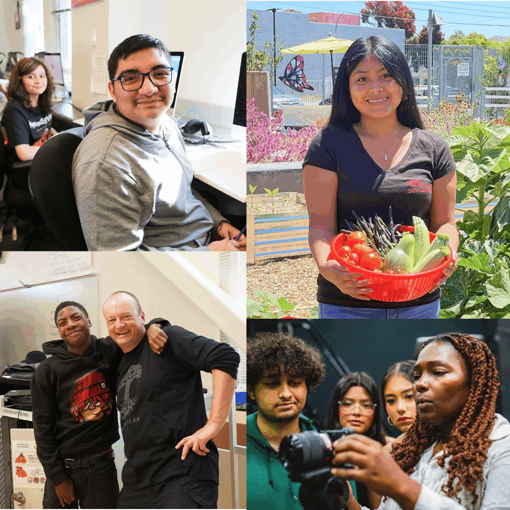 Collage of four photos of students from MetWest. It includes two students sitting at desktop computers, a smiling student putting his arm around a teacher, a student holding a basket of vegetables in the garden, and a students watching an instructor use a camera.
