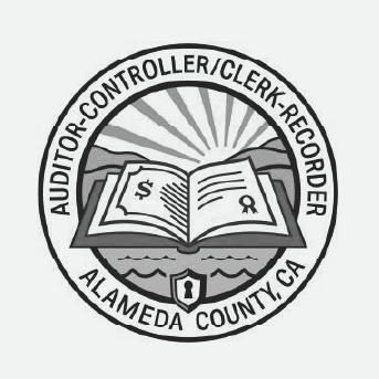 Seal of the Auditor-Controller/Clerk-Recorder of Alameda County, California. The circular emblem features an open book at the center with a dollar sign on the left page and a ribboned certificate on the right page. Behind the book are rays of sunlight rising over hills. Below the book are water waves and a small shield icon. The outer ring of the seal reads "AUDITOR-CONTROLLER/CLERK-RECORDER" at the top and "ALAMEDA COUNTY, CA" at the bottom.